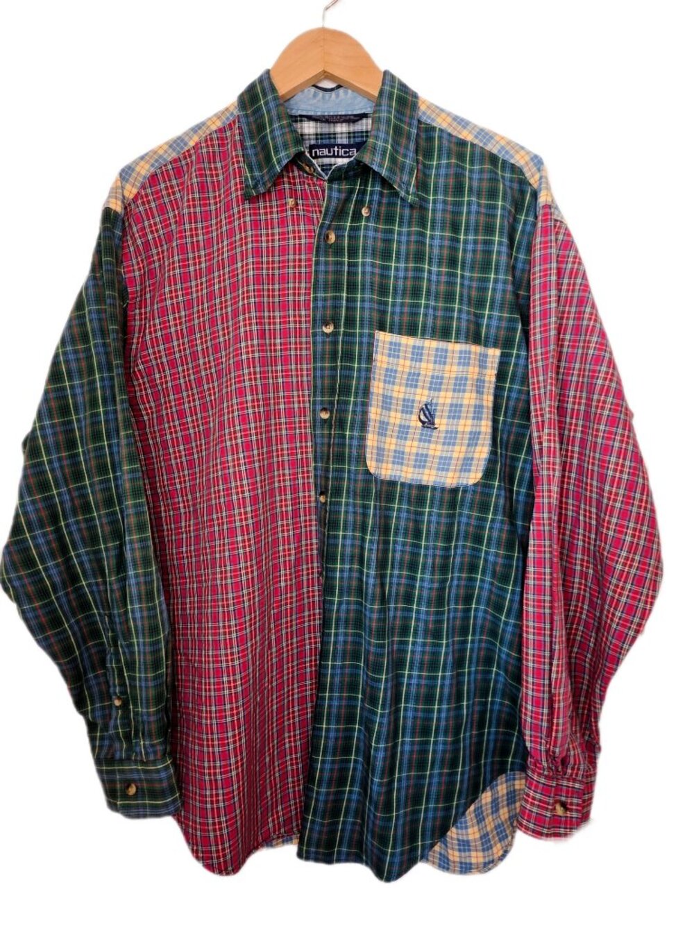 Nautica Button Down Shirt Mens L Multicolor Plaid Colorblock Patchwork Vintage
